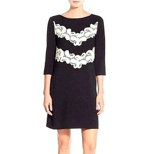 MAGGY LONDON Shift Black Dress with White Lace Accents 8